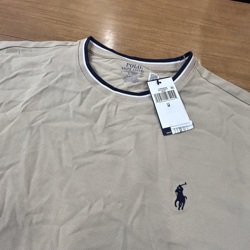 Polo Ralph Lauren Shirt Mens Medium Beige Classic Fit Ringer T-Shirt Logo NWT
